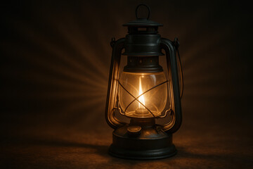 vintage oil lantern glowing with warm light against a dark background