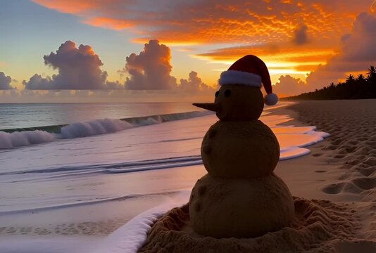 Ocean waves gently rolling onto a sandy beach under a colorful sunrise sky with fluffy clouds