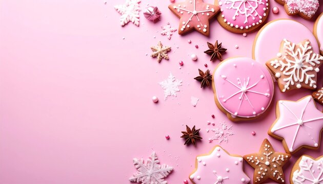 Weihnachtspl&auml;tzchen mit rosa Glasur auf einem rosa Hintergrund mit Platz f&uuml;r eigenen Text