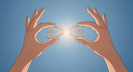 Hands Holding Glowing DNA Double Helix: Genetics, Science, and Future Technology Concept