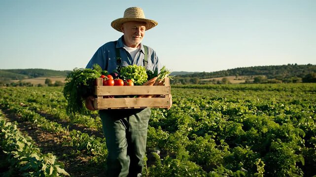Elderly farmer in a straw hat smiles as he carefully carries a crate filled with freshly picked organic vegetables across his bountiful field