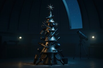 A Unique Christmas Tree Decorated with Astronomical Instruments, Surrounded by a Darkened Observatory with a View of the Starry Sky