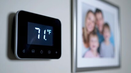 Thermostat set to 72 degrees in home interior with family photo