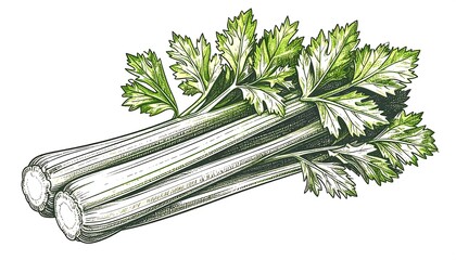 A detailed illustration of a fresh celery bunch, showing textured stalks and leafy tops. Lightly shaded for a realistic, artistic appearance