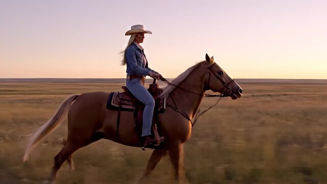 Stunning blonde cowgirl on her palomino horse, galloping through a wide open grassland at sunset. Embracing the Western way of life, this female equestrian is in her element