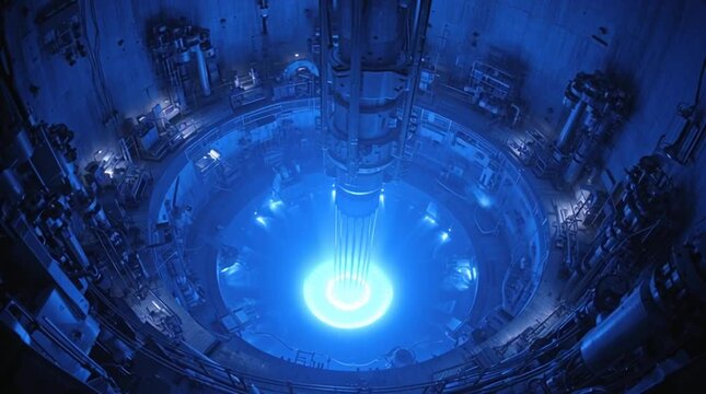 Control rods slowly and precisely withdrawing from a reactor core as the blue Cherenkov glow intensifies, visualizing controlled power increase, nuclear precision, and reactor physics in action.
