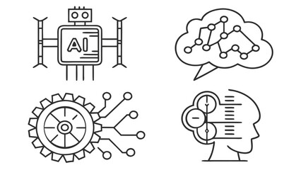 Set of four black linear icons representing Artificial Intelligence concepts like robotics, neural networks, and machine learning.