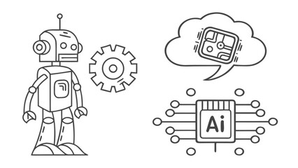Detailed line art robot, gear, and AI chip with thought bubble, illustrating artificial intelligence and machine learning concepts.