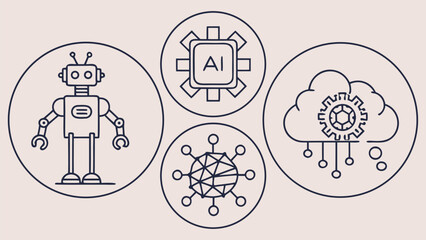 Set of four circular line art icons depicting artificial intelligence, a robot, a CPU, and cloud computing.