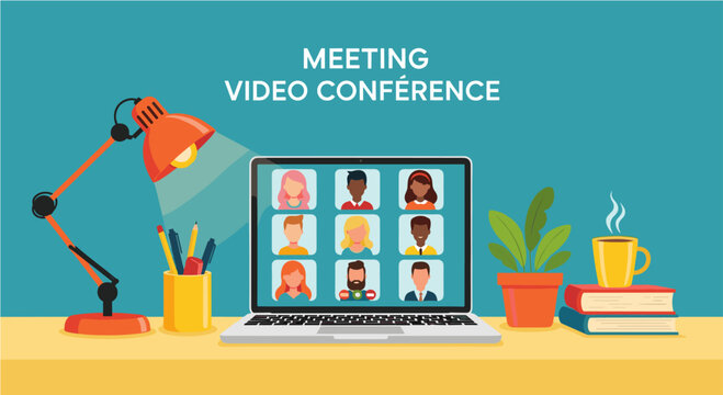 Join a vibrant virtual meeting using laptop with video conference for business collaboration and remote teamwork success