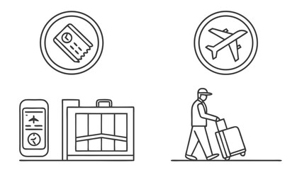 Minimalist line art icons: airplane, boarding pass, baggage scanner, and traveler with luggage.
