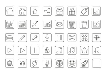 A grid of 49 simple black and white outline icons in square containers