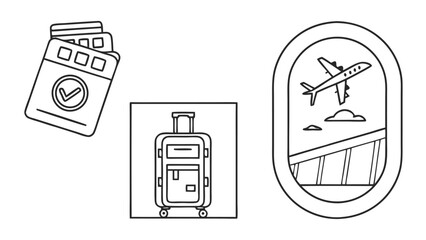Black and White Airplane Flying Through Window, Simple Travel Icon
