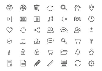 A grid of 49 black outline icons for user interface design