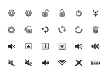 A grid of grayscale interface icons featuring gears locks arrows volume controls and battery symbols