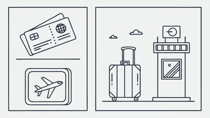 Airport Icons: Tickets, Airplane Symbol, Suitcase, and Control Tower in Line Art