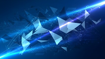 Abstract blue technology backdrop featuring sharp geometric shapes, gradient light beams, and minimal high-tech patterns.