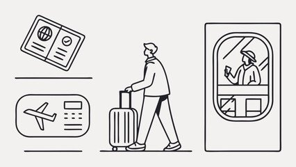 Walking Traveler with Suitcase, Simple Line Art Illustration, Travel Concept.