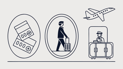 Outlined and solid graphic icons representing air travel: boarding passes, passenger with luggage, airplane, and airport agent.