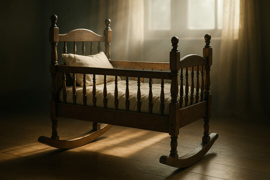 Vintage wooden baby cradle in a softly lit room with a window