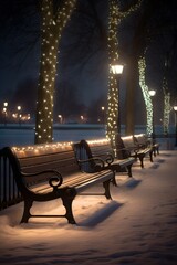 Serene woodland park scene with empty bench bathed in soft warm light whimsical dreamy nature backdrop bench at night