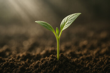 young plant sprouting from soil with sunlight shining down on it