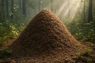 A large ant hill in a forest setting with sunlight streaming through the trees