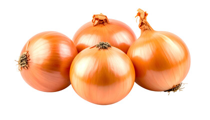 Four round, golden-brown onions arranged on a dark backdrop, with natural highlights