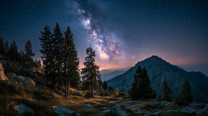 Majestic milky way galaxy illuminating night sky over mountain landscape with pine trees