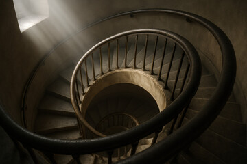 Dramatic spiral staircase with light streaming through a window, top-down view