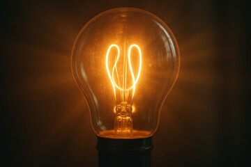 Glowing light bulb with a filament, close-up shot against a dark background