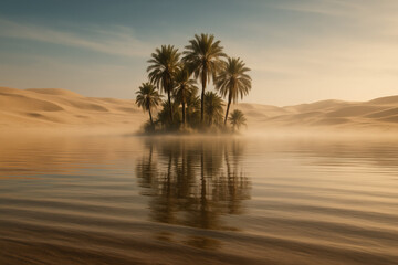 Oasis in the desert with palm trees reflected in the water at sunrise