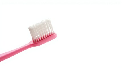 Close-up of a pink manual toothbrush with white bristles. Minimalist dental hygiene concept isolated on white background with copy space.Keywords (45 штук, английский):