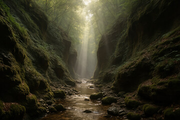 Sunlight streams through a lush forest canyon with a flowing river