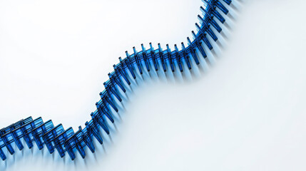 Abstract 3D render of blue glass plates arranged in a wave line. Concept of DNA sequencing, medical data flow or laboratory analysis on white.