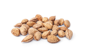 Pile of Raw almonds with fragrant shells food for pets, birds and rodents guinea pigs, hamsters, squirrels, or any grain-eating pet isolated on white background.