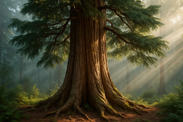 Majestic redwood tree in a misty forest with sunbeams shining through the canopy