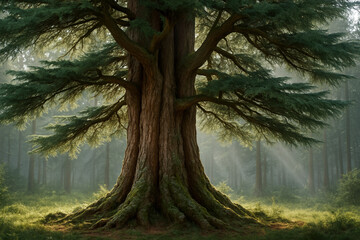 Majestic old-growth cedar tree in a sunlit forest with mossy roots