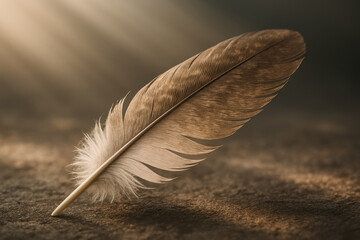 Close-up of a beautiful feather resting on a textured surface with soft lighting