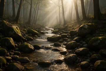 Sunlight streams through a misty forest over a flowing river