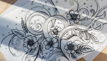 Black and white floral drawing with swirling lines on paper.