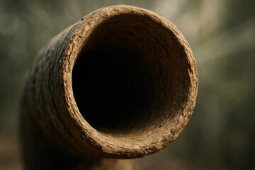Close-up of a weathered wooden tube with a dark interior and blurred background