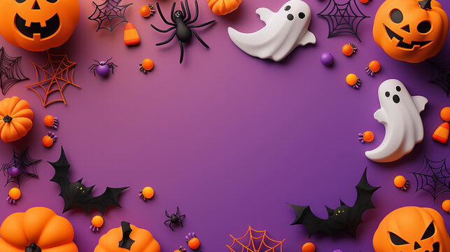 Composi&ccedil;&atilde;o com fantasmas, ab&oacute;boras, aranhas e doces sobre fundo roxo, representando Halloween, festa tem&aacute;tica, decora&ccedil;&atilde;o criativa, clima l&uacute;dico, celebra&ccedil;&atilde;o e simbolismo da data