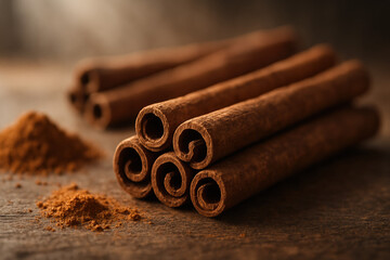 Close-up of cinnamon sticks and powder on a rustic wooden surface