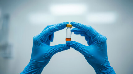Close-up of medical worker hands in blue gloves holding a vaccine vial. Healthcare concept of new cure, treatment or vaccination in blurred hospital background.