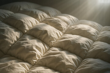 Close-up of a soft, quilted comforter with sunlight streaming across it
