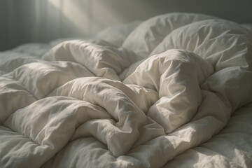 Soft white bedding with natural light creating a cozy and inviting atmosphere