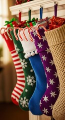 Colorful christmas stockings hanging on a mantelpiece with candy canes and gifts inside them for the holidays