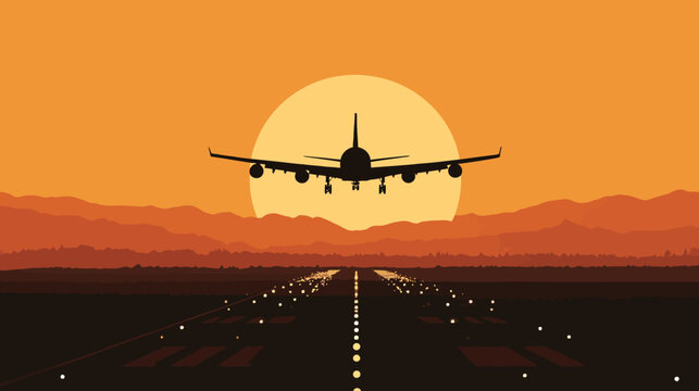 Commercial jetliner taking off or landing at sunset on an illuminated airport runway with mountain silhouettes. Vector travel illustration.