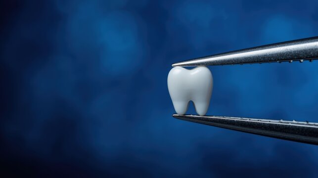 Close-up of tweezers holding a white molar tooth. Dental extraction, implant or prosthesis concept on dark blue bokeh background with copy space.